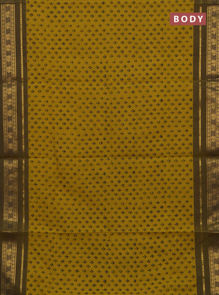 Chettinad cotton saree mustard yellow and navy blue with allover butta prints and zari woven border