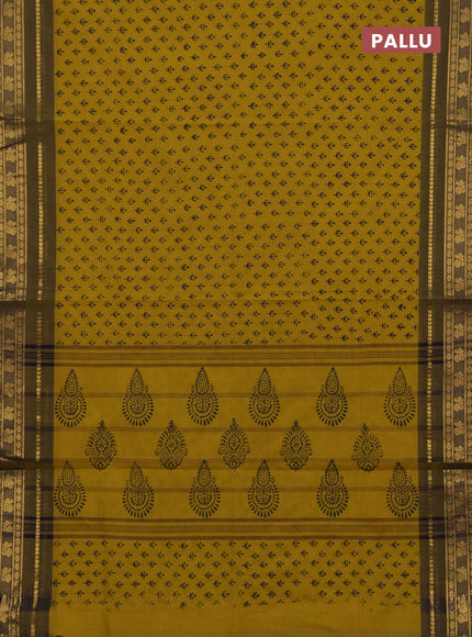 Chettinad cotton saree mustard yellow and navy blue with allover butta prints and zari woven border