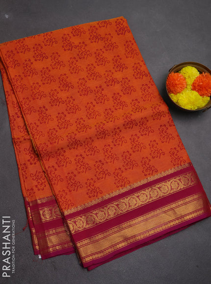 Chettinad cotton saree sunset orange and magenta pink with allover butta prints and zari woven border