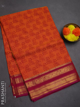 Chettinad cotton saree sunset orange and magenta pink with allover butta prints and zari woven border