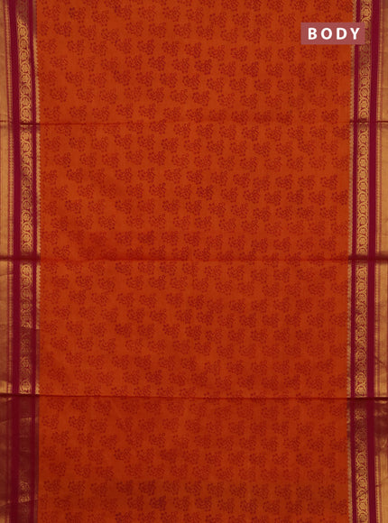 Chettinad cotton saree sunset orange and magenta pink with allover butta prints and zari woven border