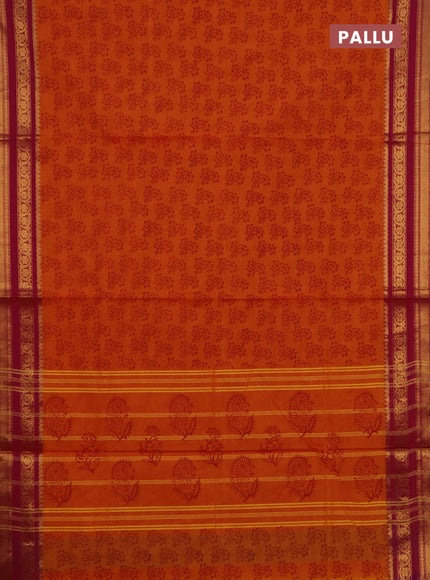 Chettinad cotton saree sunset orange and magenta pink with allover butta prints and zari woven border