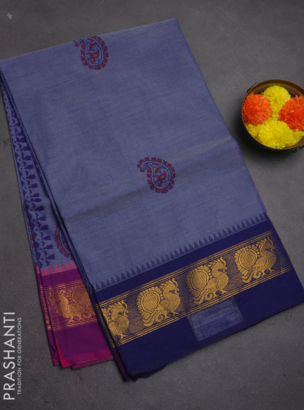Chettinad cotton saree pastel blue and blue with allover butta prints and ganga jamuna border