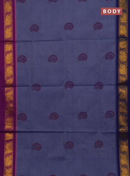 Chettinad cotton saree pastel blue and blue with allover butta prints and ganga jamuna border