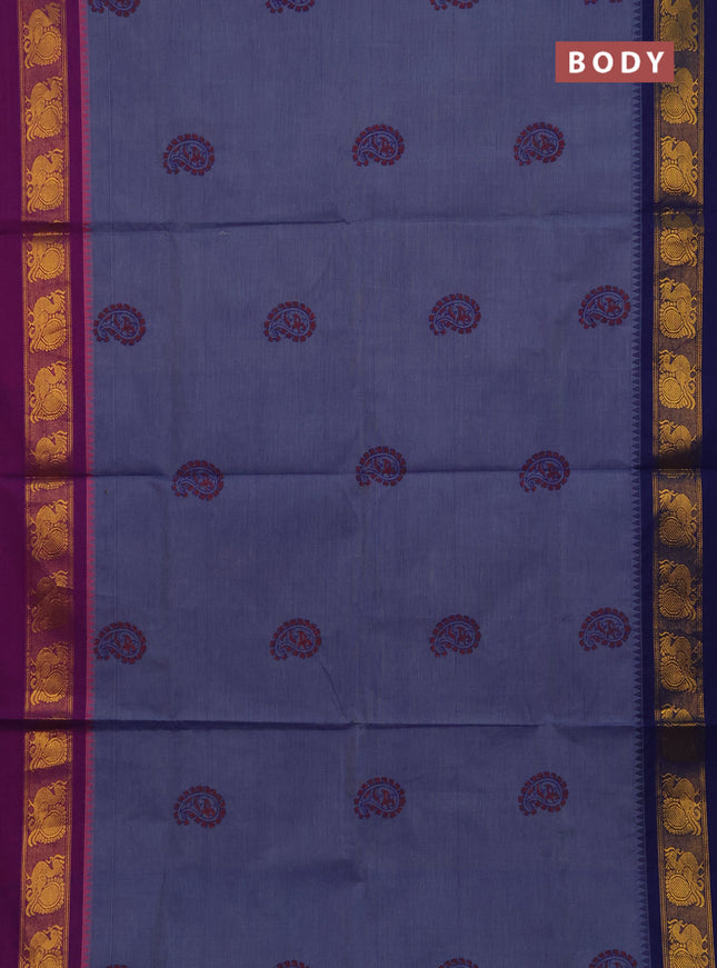 Chettinad cotton saree pastel blue and blue with allover butta prints and ganga jamuna border