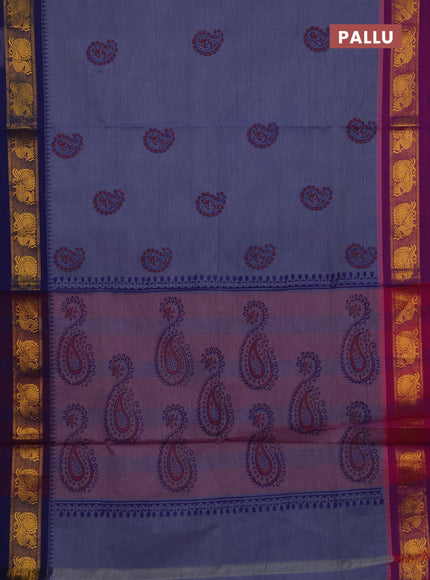 Chettinad cotton saree pastel blue and blue with allover butta prints and ganga jamuna border