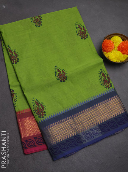 Chettinad cotton saree light green and blue with allover butta prints and ganga jamuna border