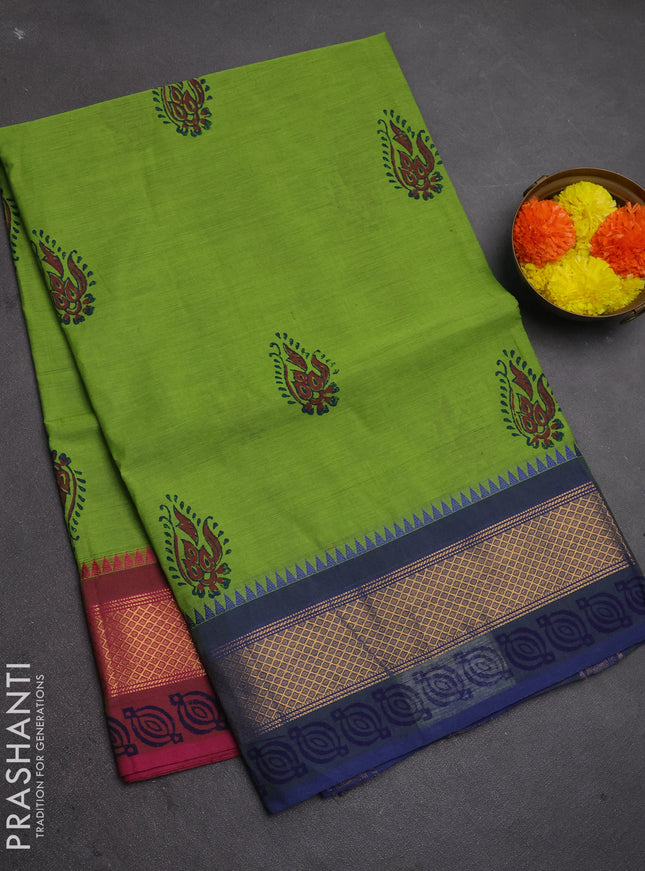 Chettinad cotton saree light green and blue with allover butta prints and ganga jamuna border