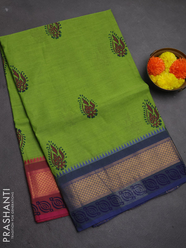Chettinad cotton saree light green and blue with allover butta prints and ganga jamuna border