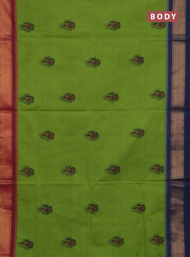 Chettinad cotton saree light green and blue with allover butta prints and ganga jamuna border