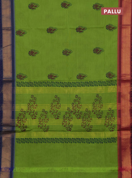 Chettinad cotton saree light green and blue with allover butta prints and ganga jamuna border