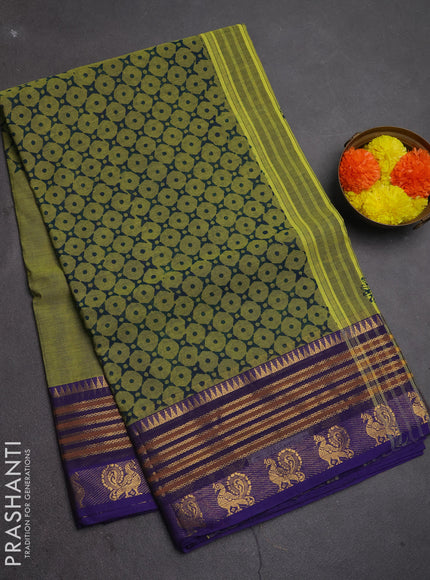 Chettinad cotton saree lime green and violet with allover prints and zari woven border