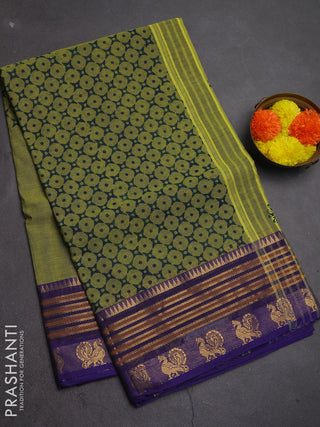 Chettinad cotton saree lime green and violet with allover prints and zari woven border