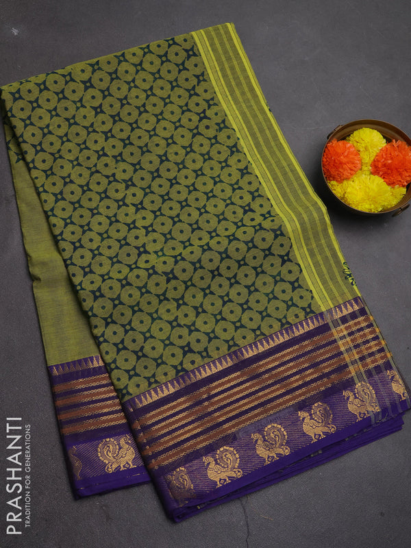 Chettinad cotton saree lime green and violet with allover prints and zari woven border