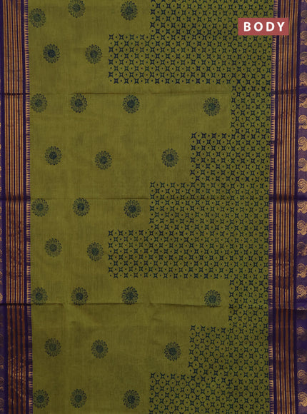 Chettinad cotton saree lime green and violet with allover prints and zari woven border