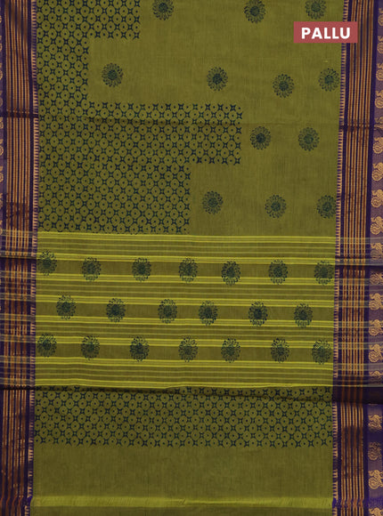 Chettinad cotton saree lime green and violet with allover prints and zari woven border