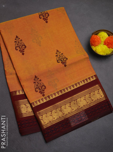Chettinad cotton saree mustard yellow and deep maroon with allover prints and zari woven border