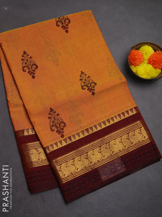 Chettinad cotton saree mustard yellow and deep maroon with allover prints and zari woven border