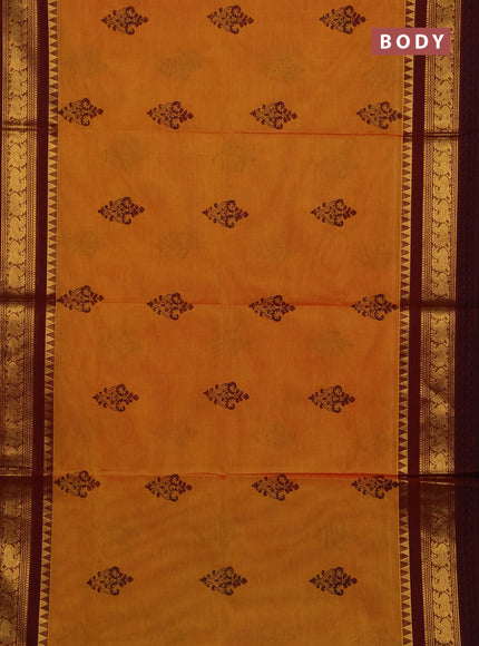 Chettinad cotton saree mustard yellow and deep maroon with allover prints and zari woven border