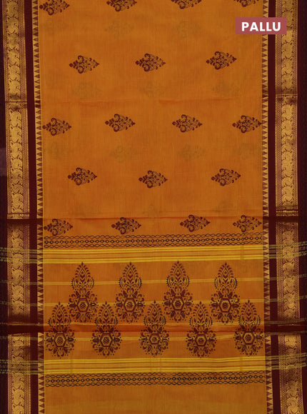 Chettinad cotton saree mustard yellow and deep maroon with allover prints and zari woven border