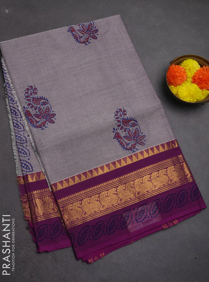 Chettinad cotton saree grey and purple with allover prints and zari woven border