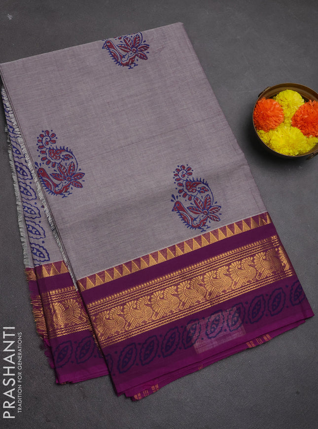 Chettinad cotton saree grey and purple with allover prints and zari woven border