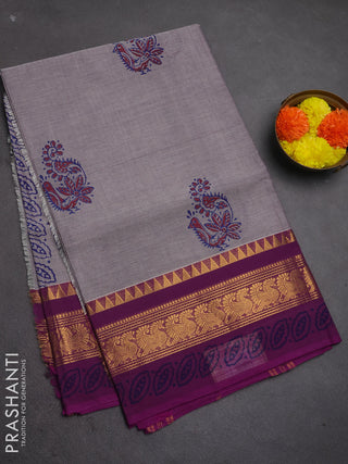 Chettinad cotton saree grey and purple with allover prints and zari woven border