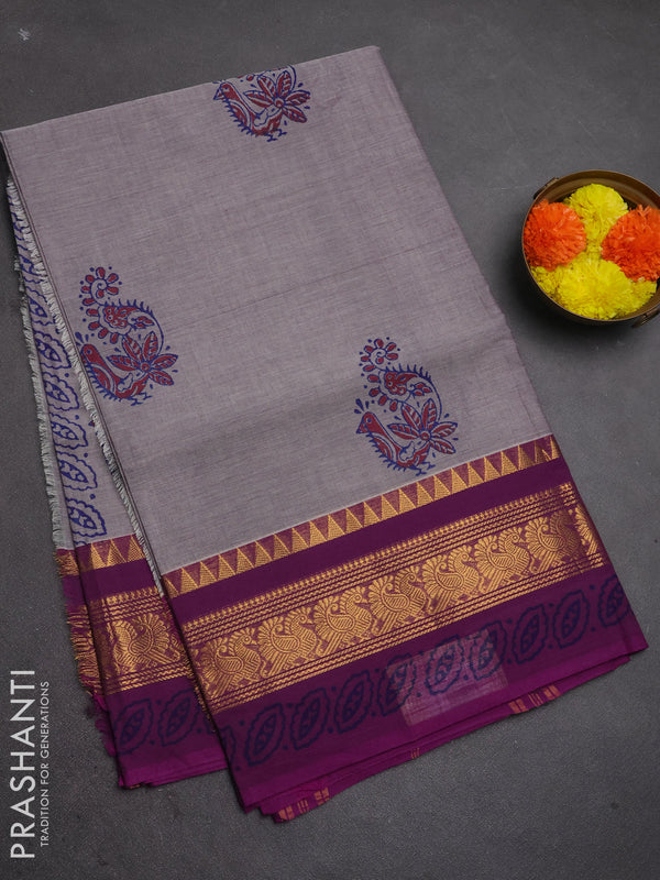 Chettinad cotton saree grey and purple with allover prints and zari woven border