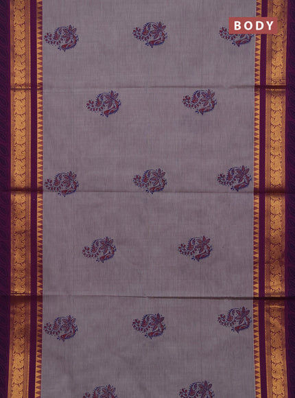 Chettinad cotton saree grey and purple with allover prints and zari woven border