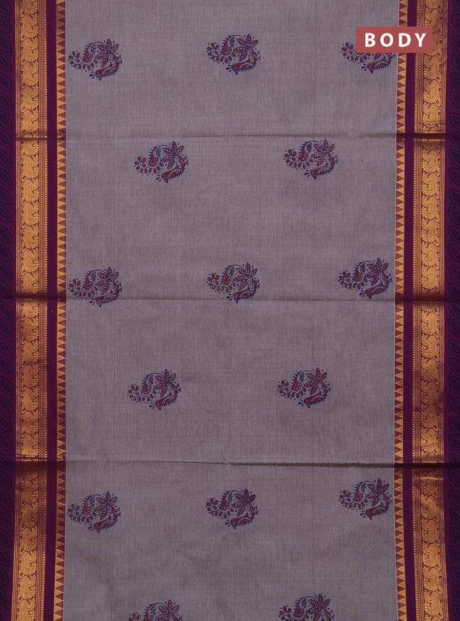 Chettinad cotton saree grey and purple with allover prints and zari woven border