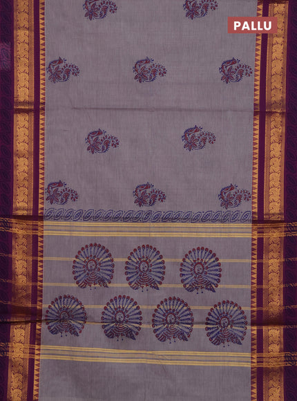 Chettinad cotton saree grey and purple with allover prints and zari woven border