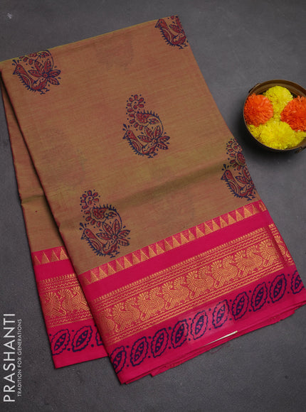 Chettinad cotton saree dual shade of pinkish green and pink with allover prints and zari woven border