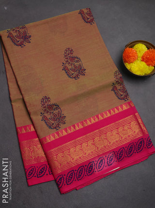 Chettinad cotton saree dual shade of pinkish green and pink with allover prints and zari woven border