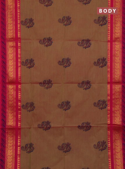 Chettinad cotton saree dual shade of pinkish green and pink with allover prints and zari woven border