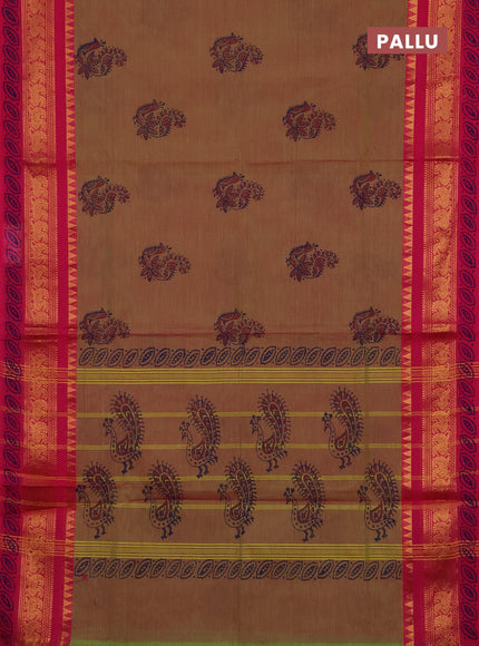 Chettinad cotton saree dual shade of pinkish green and pink with allover prints and zari woven border