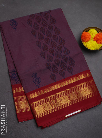 Chettinad cotton saree dual shade of maroon and maroon with allover prints and zari woven border