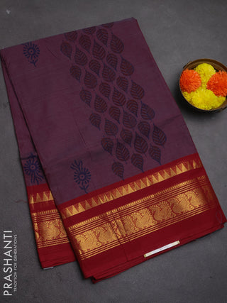 Chettinad cotton saree dual shade of maroon and maroon with allover prints and zari woven border