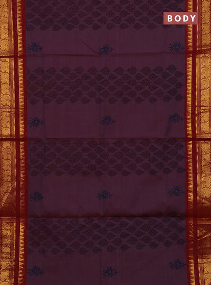 Chettinad cotton saree dual shade of maroon and maroon with allover prints and zari woven border