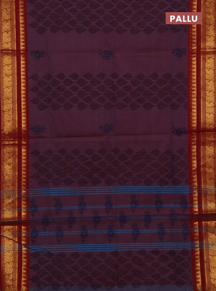 Chettinad cotton saree dual shade of maroon and maroon with allover prints and zari woven border
