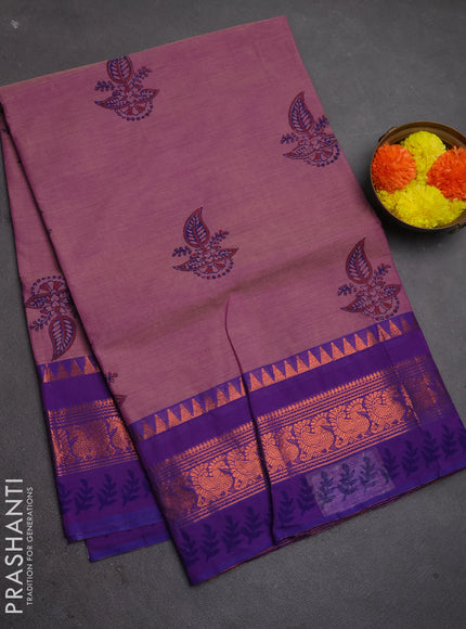 Chettinad cotton saree pink and purple with allover prints and copper zari woven border
