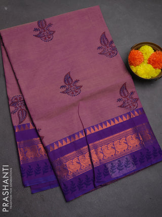Chettinad cotton saree pink and purple with allover prints and copper zari woven border