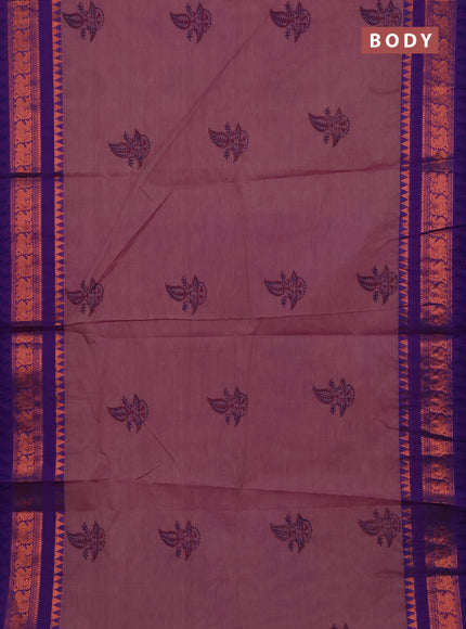 Chettinad cotton saree pink and purple with allover prints and copper zari woven border