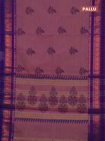 Chettinad cotton saree pink and purple with allover prints and copper zari woven border