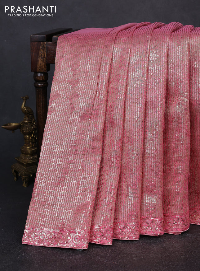 Organza Saree peach pink with allover sequin embroidery work