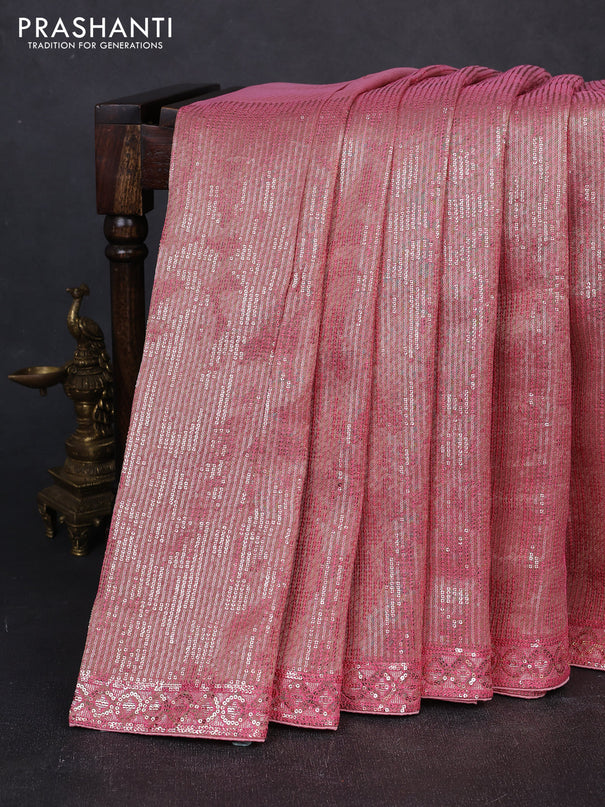 Organza Saree peach pink with allover sequin embroidery work