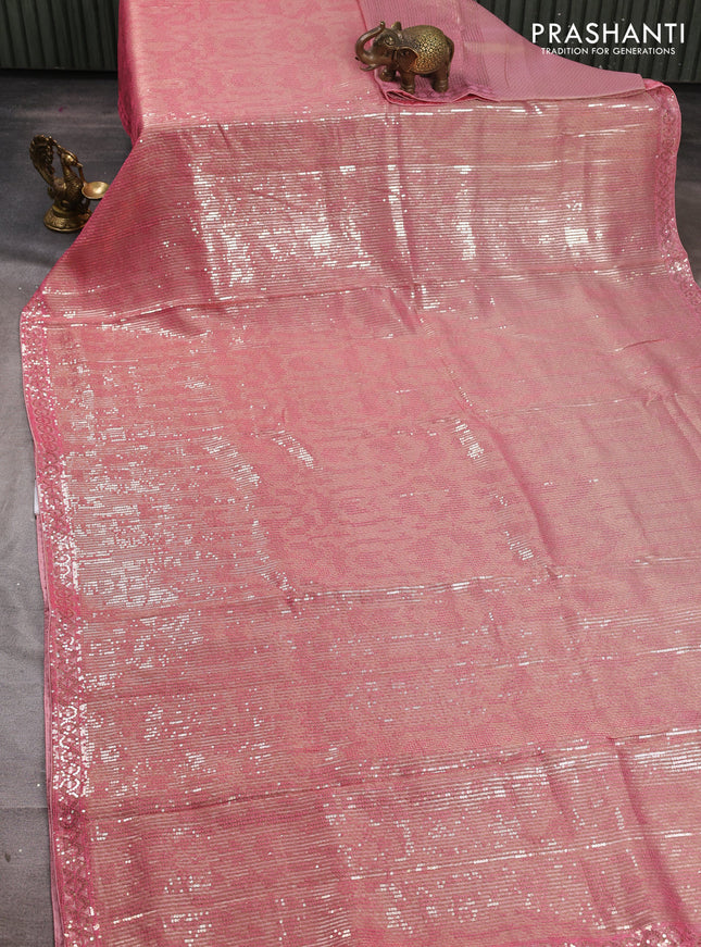 Organza Saree peach pink with allover sequin embroidery work