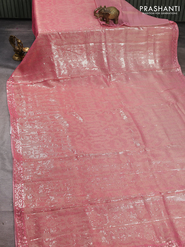 Organza Saree peach pink with allover sequin embroidery work