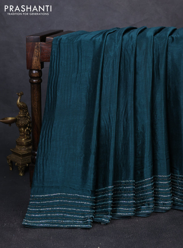 Satin Crepe Saree peacock green with cut beaded embroidery work