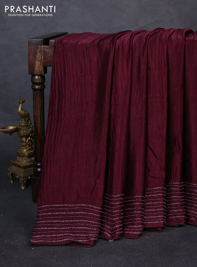 Satin Crepe Saree wine shade with cut beaded embroidery work