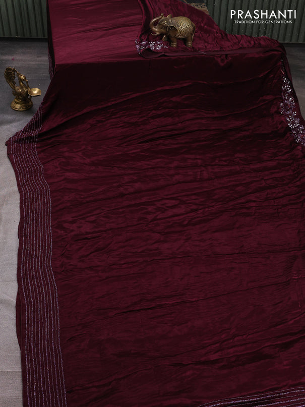 Satin Crepe Saree wine shade with cut beaded embroidery work